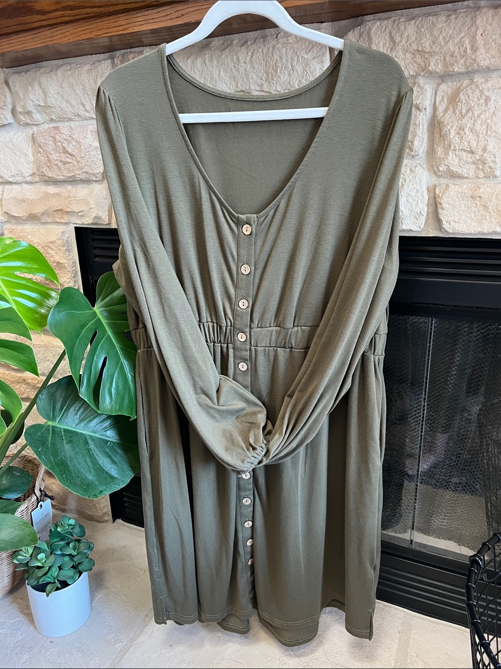 Olive Long Sleeve Button-Front Dress